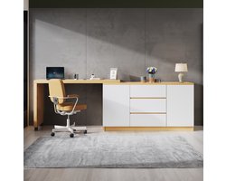 OKWISH Bureaukast – Draaibaar Blad Met Wielen – 2 Deuren En 3 Laden – Voor Kantoor En Wonen – Spaanplaat Eiken Wit