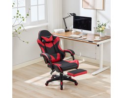 OKWISH Bureaustoel 64 X 58 X 117 126 Cm - Ergonomisch Met Massage, Kantelbaar 90 155 En Uitschuifbare Voetsteun - Voor Kantoor En Gamen - PVC - Zwart Rood