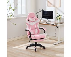 OKWISH Bureaustoel 64 X 58 X 117 Tot 126 Cm - Ergonomisch Met Massage En Voetsteun - 360 Graden Draaibaar - Kunstleer - Wit Roze