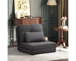 OKWISH Chaise Longue 60 x 80 x 56 cm - 2-in-1 Bodensofa en Klapbed met Verstelbare Rugleuning - Voor Woonkamer of Lounge - Linnen - Donkergrijs