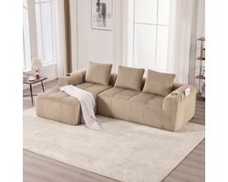 OKWISH Compactbank – Modulair Zitbank Met Zijvak & Bekerhouder – Inclusief 3 Kussens, Hoogdicht Schuim – Woonkamer/Studio – Corduroy – Khaki