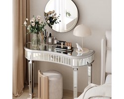 OKWISH Consoletafel - Halve Maan Spiegel - 1 Lade Met Facet Kristalknop - Fijn Geribd Glas - Modern Glam Opbergruimte - MDF Zilver+Grijs - 120x38x78 cm