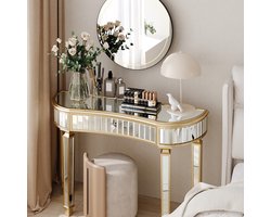 OKWISH Consoletafel - Halvemaan Spiegeltafel - 1 lade - Gegroefd Glazen Front - Met Kristalknop - Moderne Opbergtafel - MDF Goud+Zilver - 120x38x78 cm