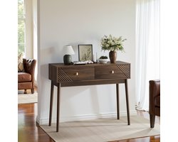 OKWISH Consoletafel – Mid Century Stijl – Voor Hal Woonkamer Of Kantoor – MDF In Walnootkleur – Met 2 Laden En Open Vakken