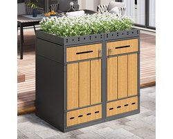 OKWISH Container Ombouw 120 240 L - Met Plantbak Deksel & Dubbel Afvalsysteem - Voor Tuin Terras Balkon - Staal - Grijs Hout
