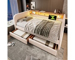 OKWISH Daybed 140x190 cm - Met Led, USB en USB C - Hoofdbord met Opbergruimte en 2 Laden - Linnen - Zonder Matras - Beige