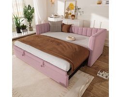 OKWISH Daybed 90x200 Cm – Gestoffeerd Bed Met Uitschuifbed – Omvormbaar Tot Dubbelbed – Met Opbergruimte – Voor Logees – Fluweel – Zonder Matras – Roze