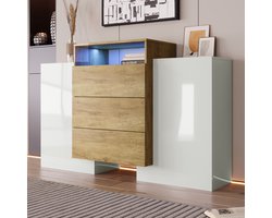 OKWISH Dressoir – 140 x 30 x 77,5 cm – 2 Deuren 3 Laden 2 Planken 1 Vak – Met Instelbare Meerkleurige LED – Hoogglans Wit+Lichtbruin – MDF