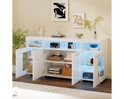 OKWISH Dressoir – 140×40×70 cm – 3 Lades – 6 Vakken – Met 16-kleur LED Afstandsbediening – Hoogglans Wit – MDF Geharde Glas – Draagkracht 80 kg