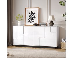 OKWISH Dressoir – 160 x 37 x 75,5 cm – 4 Deuren – Grote Opbergruimte Voor Woonkamer – Hoogglans Geometrisch Design – Spaanplaat Wit Zwart
