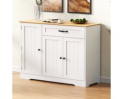 OKWISH Dressoir – 3 deuren 1 lade – Verstelbare planken en flessenrek – Voor hal/woonkamer/eetkamer – Modern Scandinavisch – MDF Wit+Naturel – Zwarte grepen