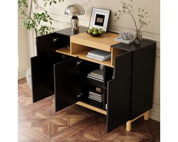 OKWISH Dressoir - 3 Deuren En Open Vak - Voor Woonkamer En Eetkamer - Spaanplaat Zwart En Houtlook - 120,5×42×96 Cm
