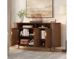OKWISH Dressoir 3 Deuren Walnoot Moderne Opbergkast Met Verticale Lijnenstructuur Voor Woonkamer En Eetkamer 140 X 40 X 78 Cm