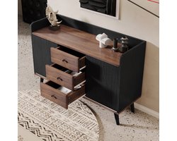OKWISH Dressoir – 3 Laden – Gestreepte Schuifdeuren – 117,5×40×80 cm – MDF Zwart+Lichtbruin – Verstelbare Legplanken – Verhoogde Rand – 6 Houten Poten