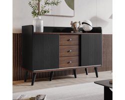 OKWISH Dressoir – 3 Laden – Gestreepte Schuifdeuren – Verstelbare Legplanken – Verhoogde Rand – 6 Houten Poten – 117,5×40×80 cm – MDF – Zwart+Lichtbruin