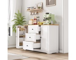 OKWISH Dressoir - 3 Lades En 2 Deuren - Verstelbare Planken Voor Keuken En Eetkamer - MDF Wit Houtkleur - 126x40x86 cm