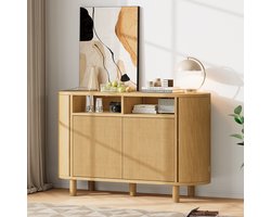 OKWISH Dressoir - 3D Reliëf Front - 120 x 38 x 77 cm - 2 Deuren En Open Vakken - Verstelbare Planken En Voeten - MDF Naturel