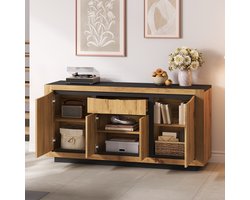 OKWISH Dressoir - 4 Deuren En 1 Lade - Voor Woonkamer En Eethoek - Minimalistische Stijl - MDF Houtkleur En Zwart - 140×38,5×52 Cm