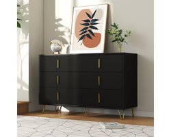 OKWISH Dressoir – 6 Lades – 120×40×77 cm – Minimalistisch Design met Golfstructuur – Gouden Handgrepen en Poten – Spaanplaat Zwart+Goud