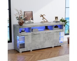 OKWISH Dressoir – Cementgrijs Hoogglans – 3 Lades – 6 Vakken – 140x40x70 cm – Industriële Stijl Met Transparante Geharde Glasdeuren En 16-Kleurige LED-Verlichting – MDF+Spaanplaat