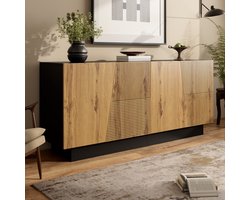 OKWISH Dressoir – Geometrische Fronten – 160x40x72 cm – Verstelbare Legplank – Groot Opbergruimte Voor Woonkamer & Hal – Zwart+Bruin