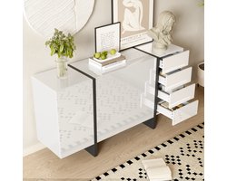 OKWISH Dressoir - Hoogglans - 150×40×80,5 Cm - 2 Deuren En 4 Lades - Veel Opbergruimte Voor Woonkamer Of Eetkamer - Wit Zwart