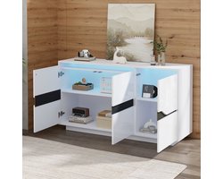 OKWISH Dressoir - Hoogglans Met Ledverlichting - Woonkamer Opbergkast - Wit En Zwart - 140 X 40 X 70 Cm