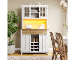 OKWISH Dressoir Kast – Keukenkast Met Vitrine – 6 Vakken + Lade + Wijnrek 9 Flessen – 106x40x179,5 cm – Appbediening LED – MDF Wit – Kiepbeveiliging