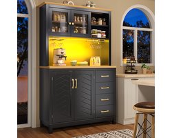 OKWISH Dressoir Kast Met Led Verlichting Met App Bedienbaar Voor Woonkamer Keuken Hal MDF Zwart 105,5×40×180 cm Met 4 Deuren