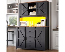OKWISH Dressoir – Keukenkast Sideboard – X-Deur Modern Ontwerp Met Schuifdeuren En 2 Laden – Verstelbare Planken – 115×40×174,7 cm – App-LED – MDF;Metaal Zwart