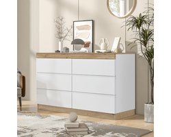 OKWISH Dressoir – Klassieke Ladekast – 6 lades – Ruime Opbergruimte Voor Slaapkamer/Woonkamer – Compact Stabiel Ontwerp – E1 Spaanplaat Wit+Lichtbruin