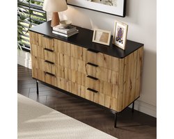 OKWISH Dressoir – Meerdere Lades – Verticale Reliëf met Zwart Bovenblad – 120x39,5x80 cm – MDF Lichtbruin+Zwart – Geruisarme Ladegeleiders – Roestvrij Beslag