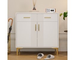 OKWISH Dressoir Met 2 Deuren En 2 Lades - Opbergkast Voor Woonkamer Hal Of Eetkamer - MDF Wit - 80×35×79,5 cm