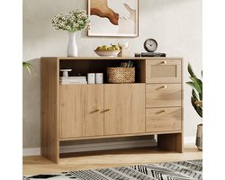 OKWISH Dressoir – Met 2 Deuren En 3 Lades – 105 x 40 x 76 cm – Open Vak En Opbergruimte – Rattanlook Naturel