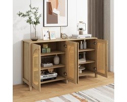 OKWISH Dressoir Met 4 Deuren Met Kunst Rotan Fronten Voor Woonkamer Eetkamer Keuken MDF Naturel Met Metalen Grepen