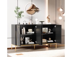 OKWISH Dressoir Met 4 Deuren Met Metalen Poten Met Verstelbare Plank Voor Woonkamer Of Hal Spaanplaat Zwart Met Goud 150x40x80 Cm