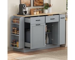 OKWISH Dressoir - Met Afvalvak En Open Kruidenrek - Voor Keuken En Eetkamer - MDF Grijs Met Houtlook - 133,5x40x86 cm