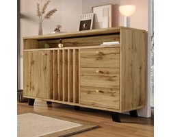 OKWISH Dressoir - Met Lamellenfront En Opbergruimte - 2 Deuren 3 Lades Open Vak Vintage Stijl -120×40×85 cm - Hout - Donkere Eik