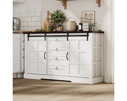 OKWISH Dressoir Met Schuifdeuren En 4 Lades Voor Keuken Eetkamer Woonkamer MDF Wit 150×40×85 Cm Met Verstelbare Planken
