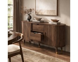 OKWISH Dressoir - Met Verticale Houtstructuur - Met 2 Schuifdeuren En 2 Lades - Voor Woonkamer En Hal - 140x40x79,5 Cm - MDF - Walnoot