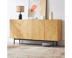 OKWISH Dressoir – Metalen Inleg – 160×40×78 cm – 4 Deuren – Verstelbare Planken – Handleloos Design – Spaanplaat Lichtbruin – Kantelbeveiliging