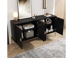 OKWISH Dressoir – Modern Geometrisch Design – Luxe Zwart Sideboard Met Gouden Handgrepen En Metalen Poten – 162x40x80 cm – 4 Deuren – MDF;Spaanplaat