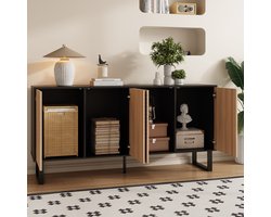 OKWISH Dressoir – Modern – Meerdere Deuren – Zonder LED – Minimalistisch Met 3D-Deuren En Veel Opbergruimte – MDF;Spaanplaat Zwart+Lichtbruin – 160x38x75 cm