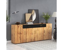 OKWISH Dressoir – Opbergkast – 208×39.5×80 cm – 4 Deuren 2 Lades – Ruime Opbergruimte Voor Woonkamer/Hal – Spaanplaat Bruin Met Metalen Handgrepen