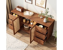 OKWISH Dressoir – Rattan Opbergkast – 6 lades en 2 deuren – 160x40x90 cm – Opbergruimte voor woonkamer/keuken – Handgevlochten rattan – MDF Bruin