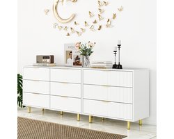 OKWISH Dressoir Set Met Lades - Modulair Met 9 Lades - Voor Woonkamer Slaapkamer Hal - MDF Wit Met Goudkleurige Grepen - 200x40x72 Cm