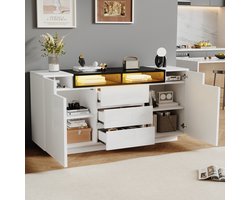 OKWISH Dressoir – Sideboard 140x40x68 cm – 2 L-vormige Deuren – 3 Lades + 2 Halfoffene Vakken – Verstelbare Planken – Hoogglans Wit+Zwart – LED App