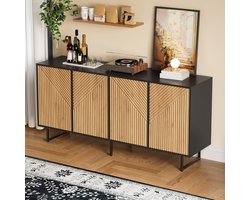 OKWISH Dressoir Sideboard - 4 Deuren Met 8 Vakken - 160×40×75 Cm - Symmetrisch Design Met Gestreepte Fronten - Spaanplaat Naturel Hout Zwart