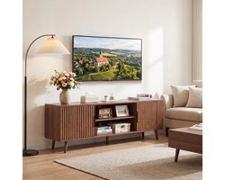 OKWISH Dressoir – TV-Meubel Met Geribbelde Deuren – 138 x 39,1 x 49 cm – 2 Deuren En Open Vak – Mid-Century Stijl – MDF Walnoot