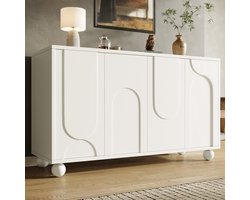 OKWISH Dressoir – Verstelbare Indeling Voor Wijn En Servies – Anti-Kantelen Met Metalen Bevestiging – 120x35x71 cm – MDF Wit+Crème – Met Houten Poten – Modern Simpel Stijl